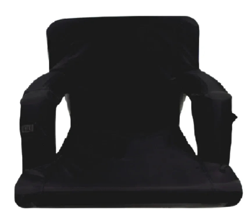 Black heated bleacher seat with backrest, sports seating cushion for comfort during games or outdoor events.